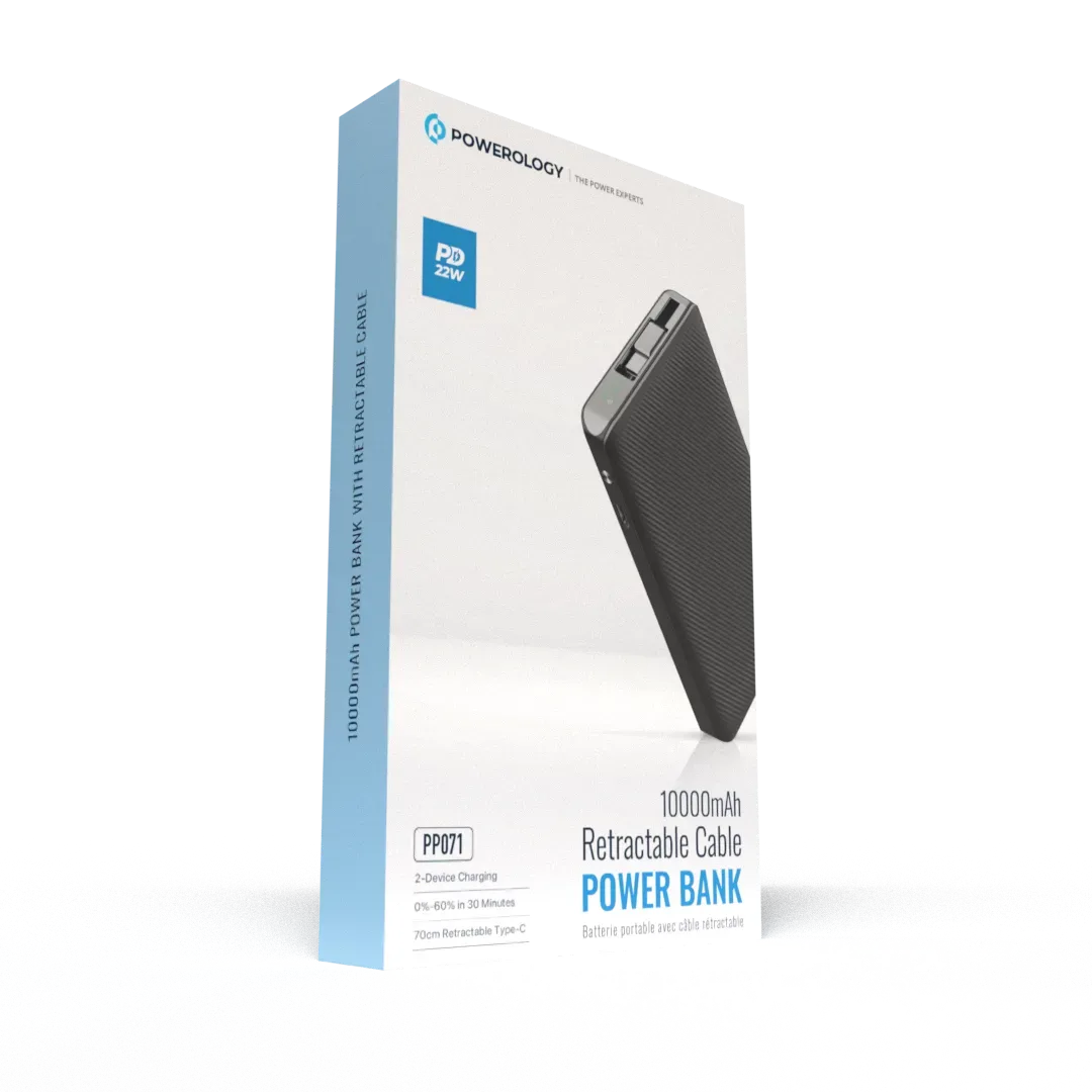 Powerology 10000mAh Retractable Cable Power Bank Black – image 3