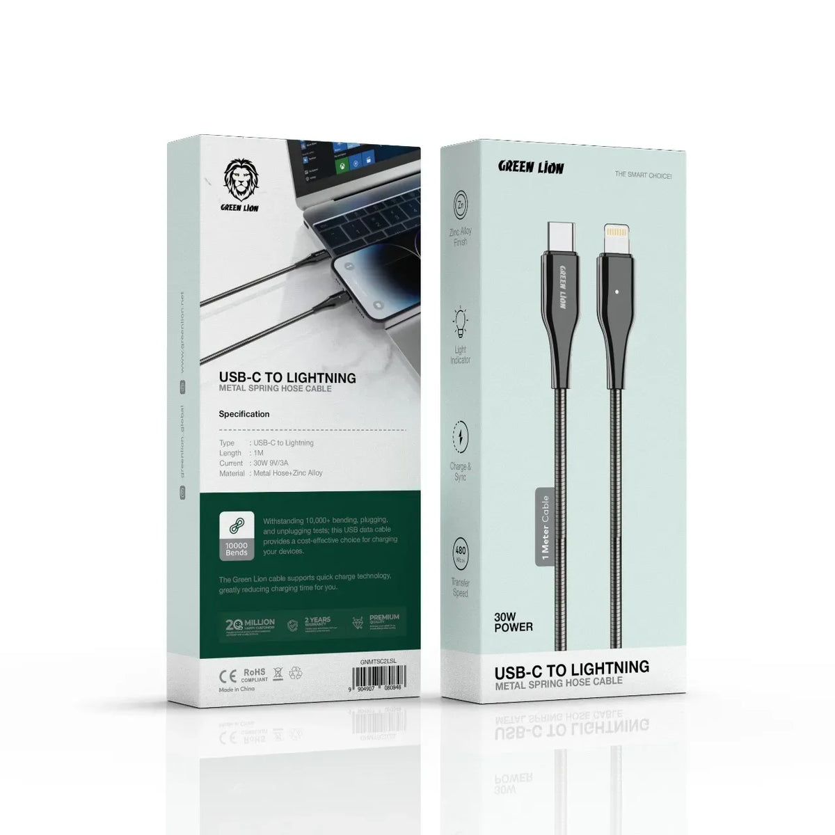 Green Lion USB C to Lightning Metal Spring Hose Cable Silver – image 3