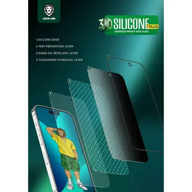 Green Lion 3d Silicone Privacy HD Glass Screen Protector Black Edge Privacy for Iphone 14 Series – image 7