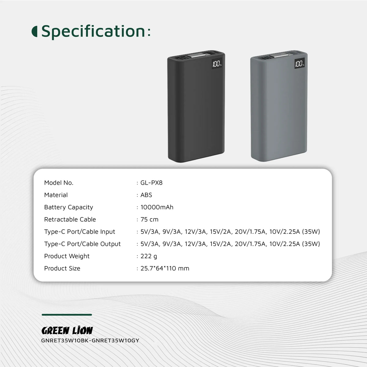 Green Lion Retractable Power Bank 35 W 10000 m Ah - Grey – image 4