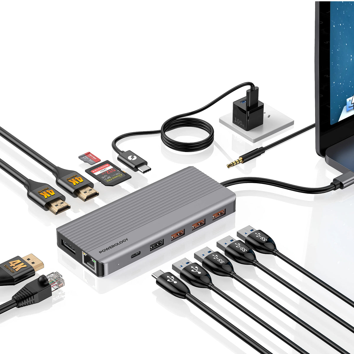 Powerology 13 in 1 Dual Hdmi Displayport USB C Hub Ethernet Gray – image 2