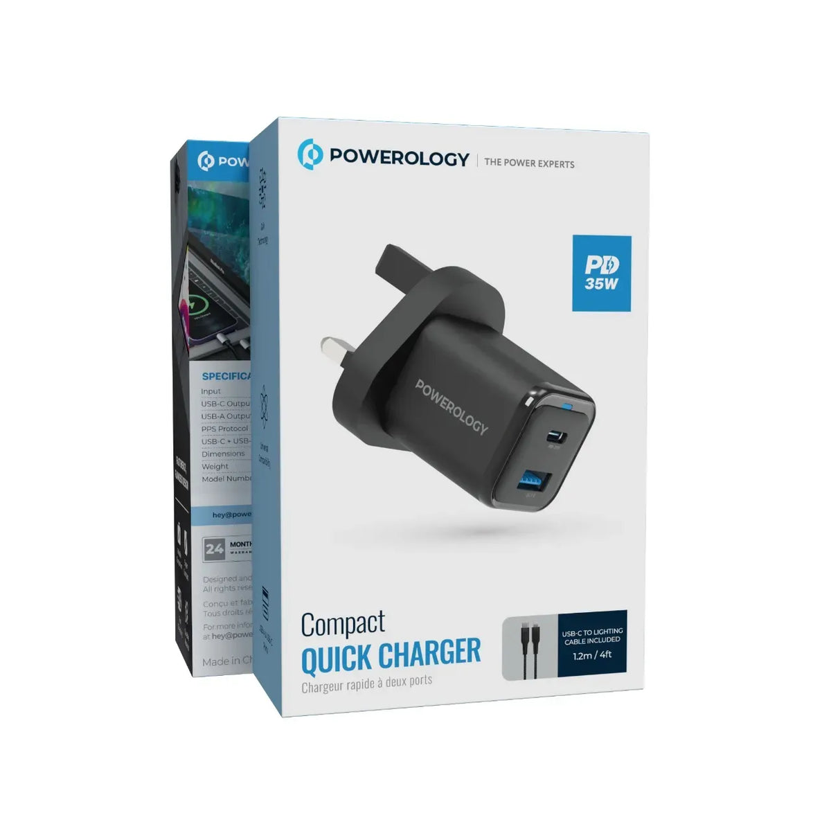 Powerology 35w PD QC 1xusb C 35w and 1xusb A 18w Gan Charger Uk with USB C Cable Black – image 15