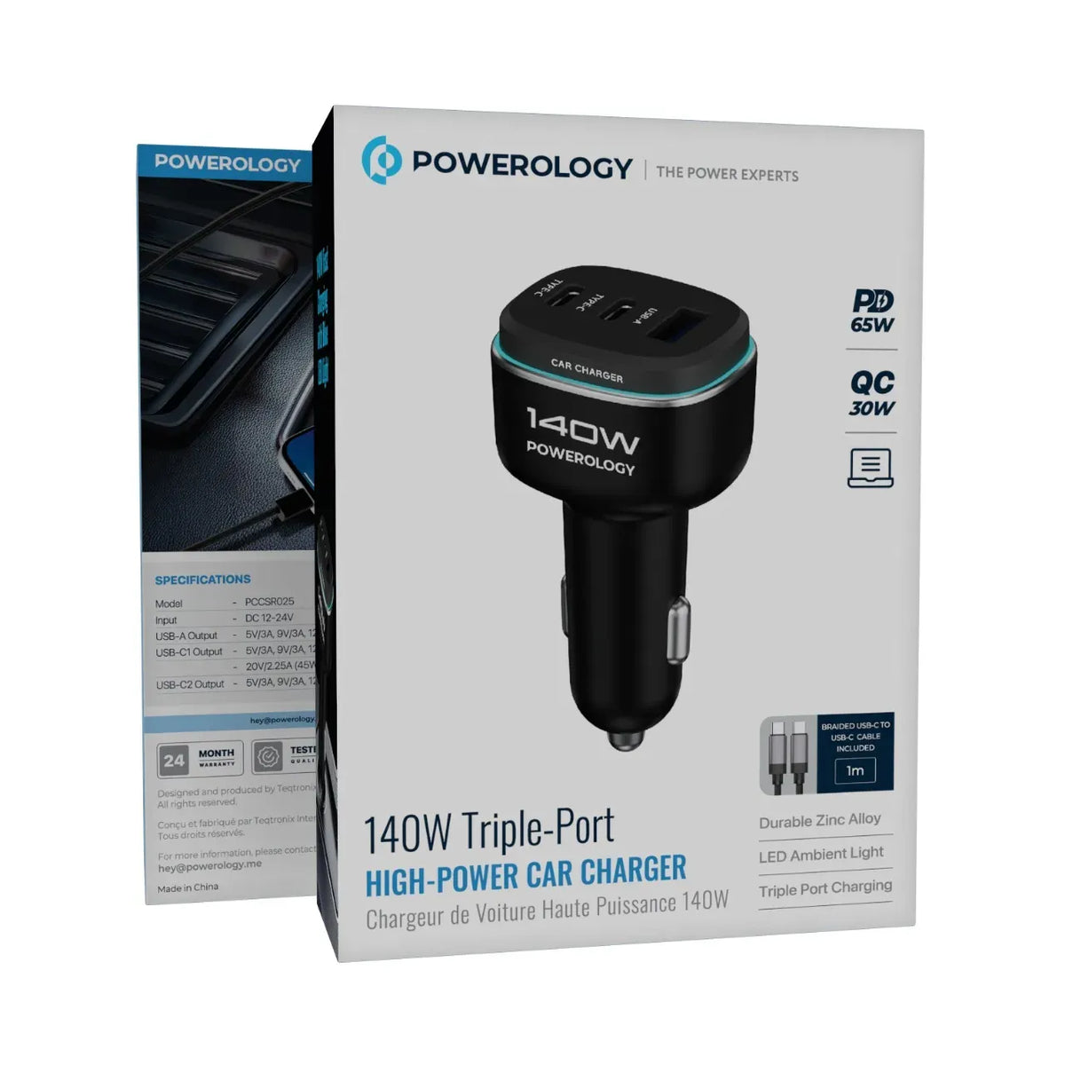 Powerology 140 W Triple-Port High-Power Car Charger with Type-CCable - Black/Gre y – image 2