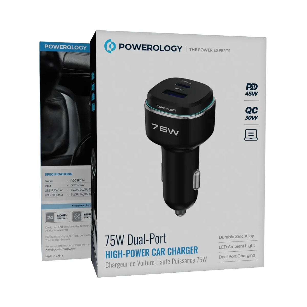 Powerology 75 W Dual-Port High-Power Car Charger - Black/Gre y – image 3