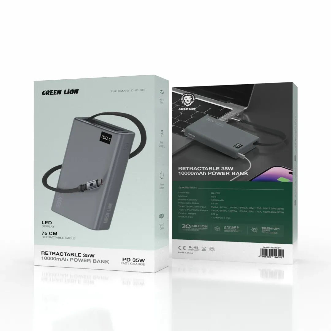 Green Lion Retractable Power Bank 35 W 10000 m Ah - Grey