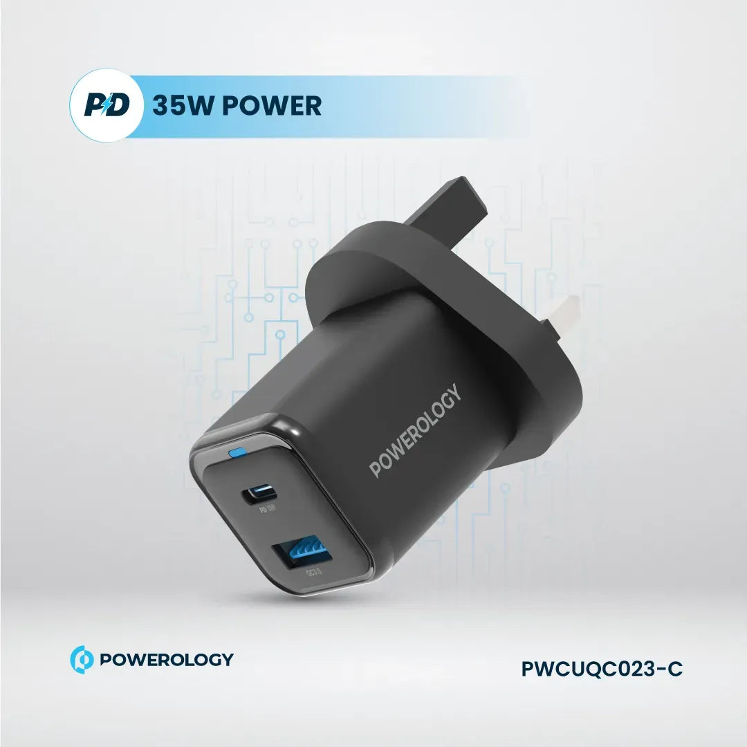 Powerology 35w PD QC 1xusb C 35w and 1xusb A 18w Gan Charger Uk with Type C to C 60w Black – image 4