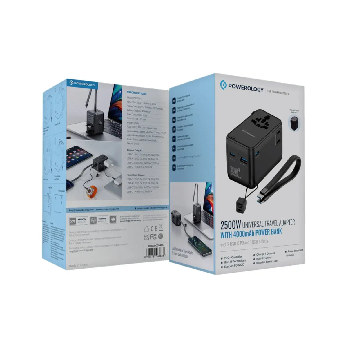 Powerology 2500w Universal Travel Adapter with 4000mAh Power Bank Black – image 4