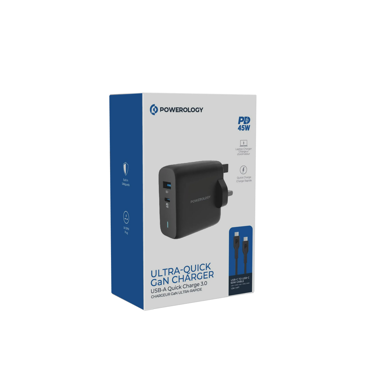 Powerology 63w Ultra Quick Gan Charger 45w PD USB A Quick Charge 18wqc3 0 with 60w Type C to Type C Cable – image 8
