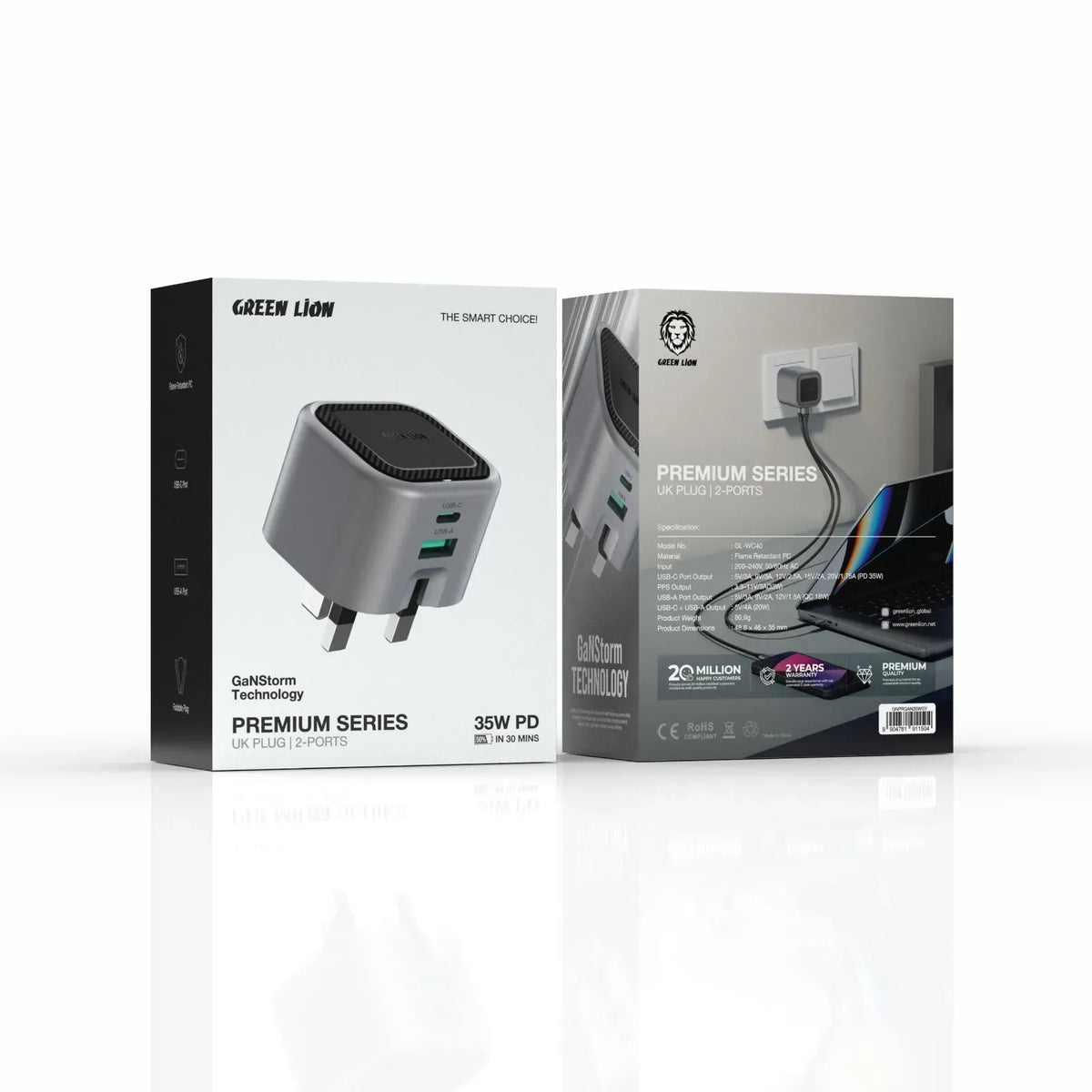Green Lion Premium Series Foldable Wall Charger UK Plug PD 35 W - Gray