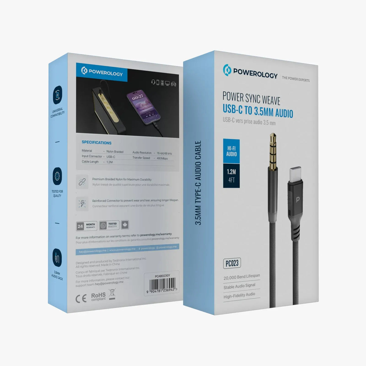 Powerology Power Sync Weave USB C to 3 5mm Audio 1 2m Cable Gray – image 2
