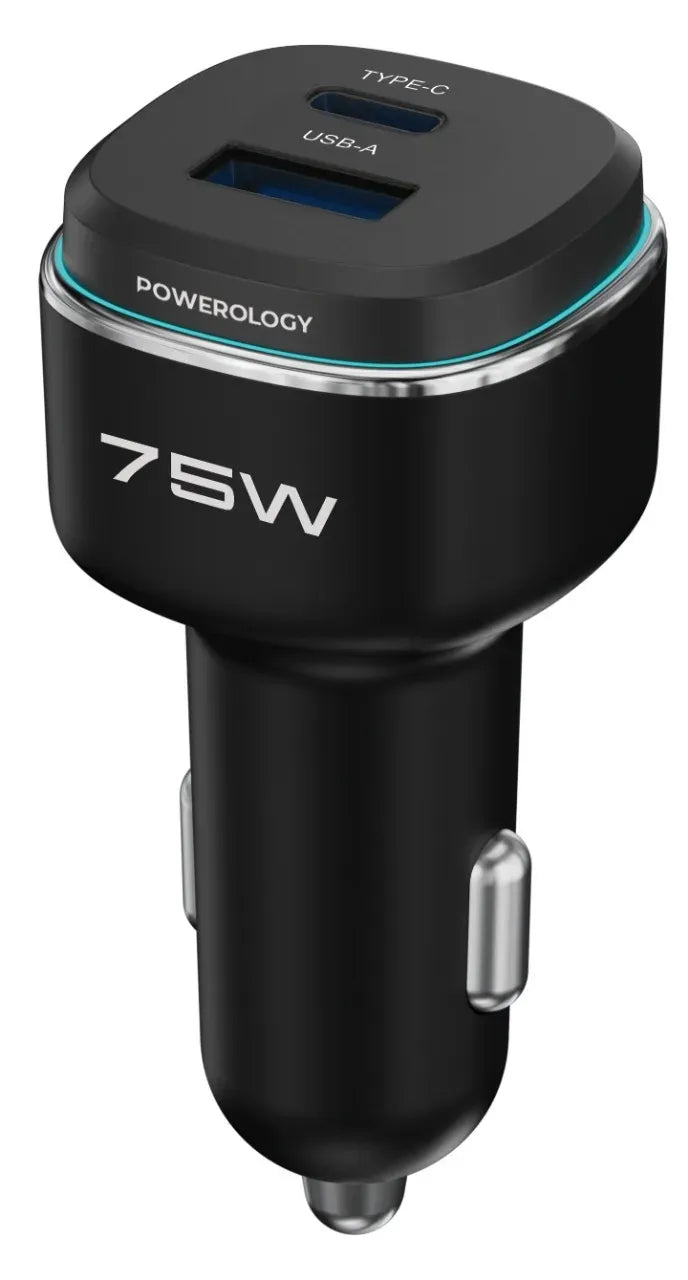 Powerology 75 W Dual-Port High-Power Car Charger - Black/Gre y