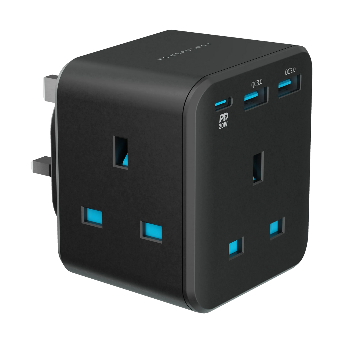 Powerology 3-Outlet Wall Socket With Fast Charging USB -Charge 0%-60% in 35 Minutes for Phoneand Tablets* -Dual Port QC 3.0 Outputs and 20 W PD -Multi-Port Wall Socket -Super Compact -Smart Design - Black – image 3