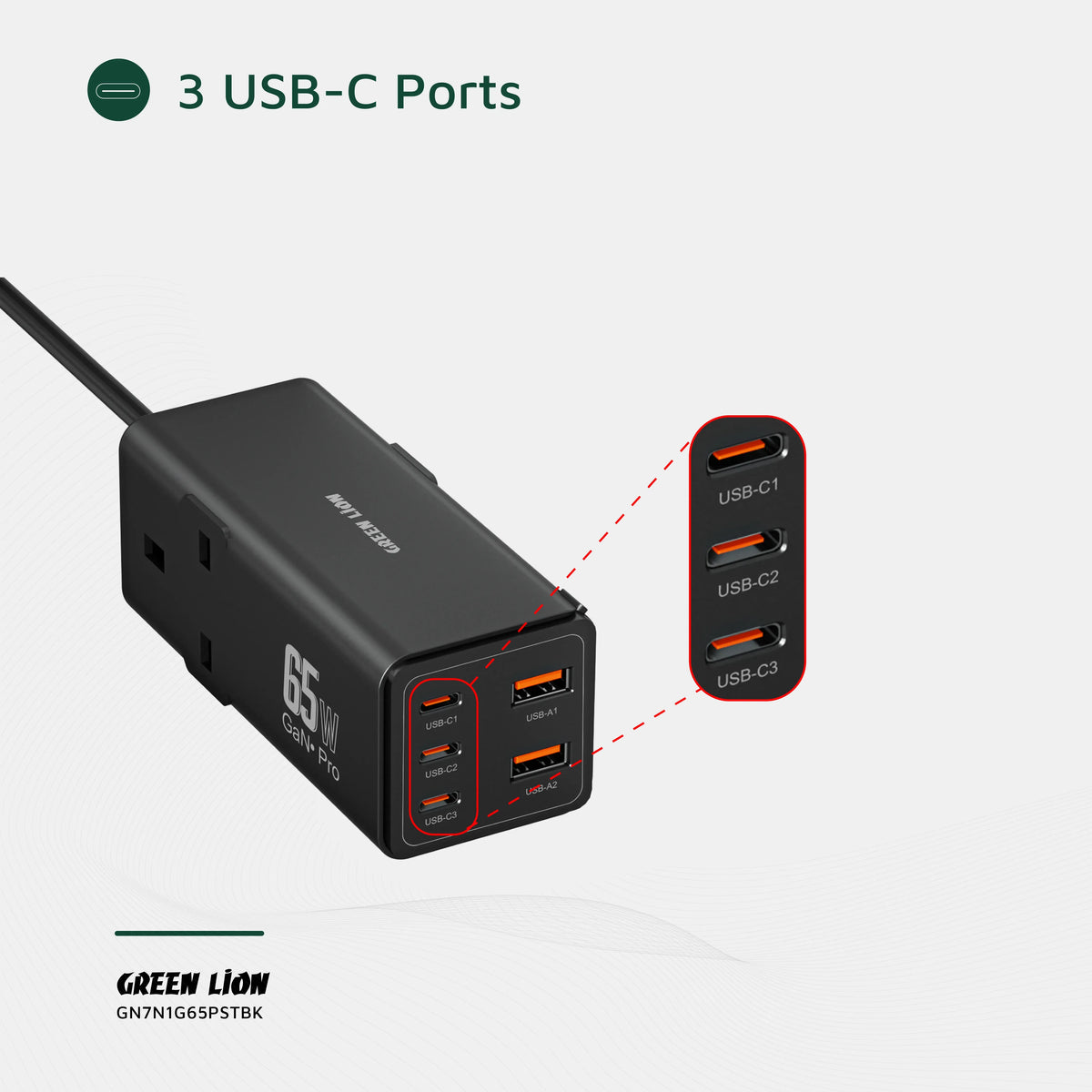 Green Lion 7 in 1 Gan 65w Power Strip Black – image 7