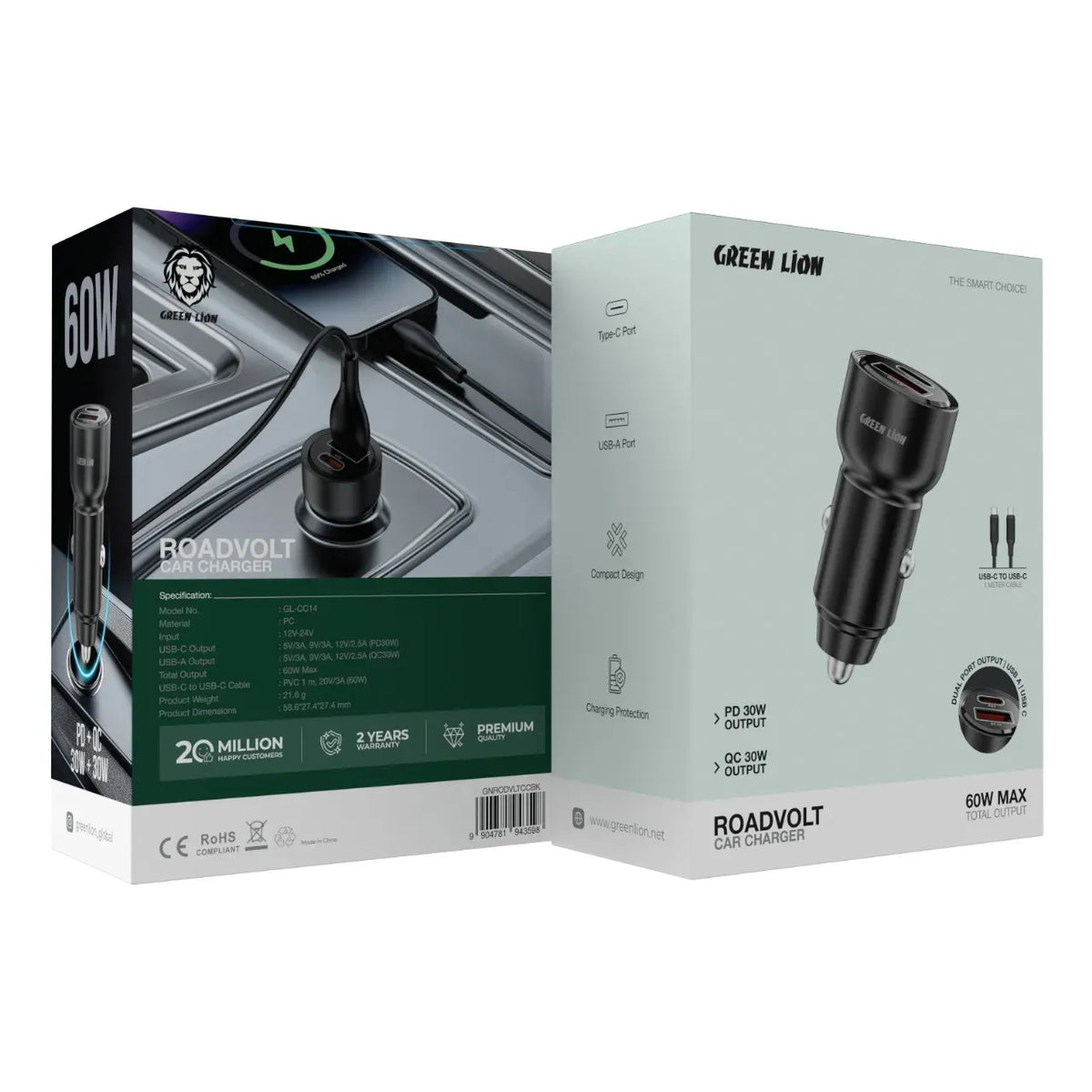 Green Lion Road Volt Car Charger PD+QC 60 WCto C 1 m Cable - Black – image 2