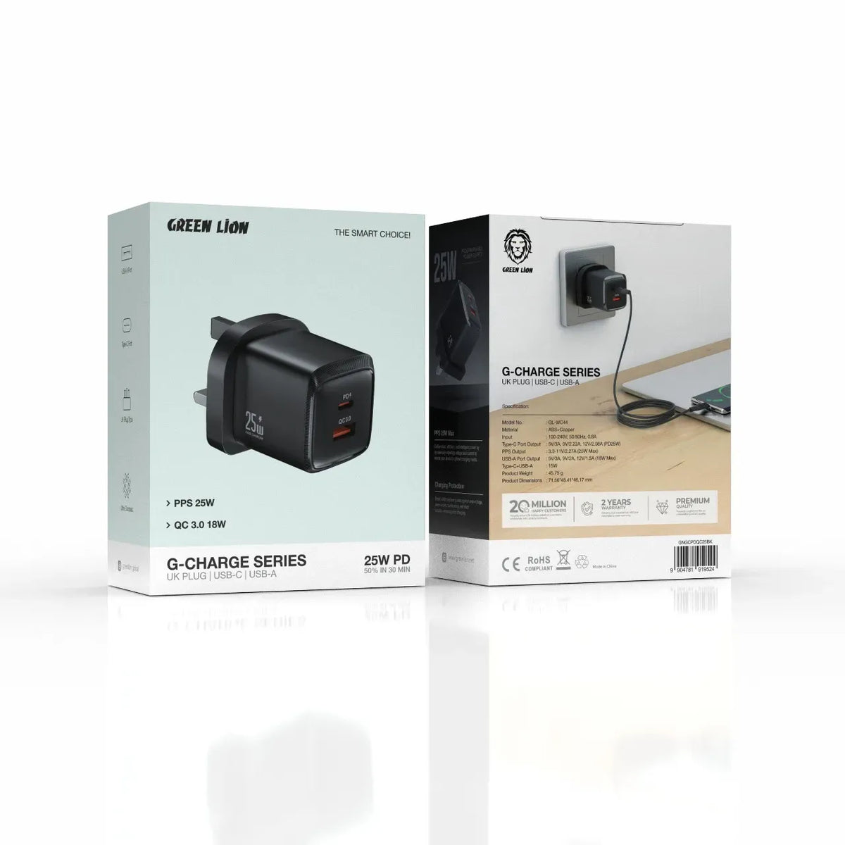 Green Lion G-Charge Series Dual Port Wall Charger PD+QC 25 W - Black