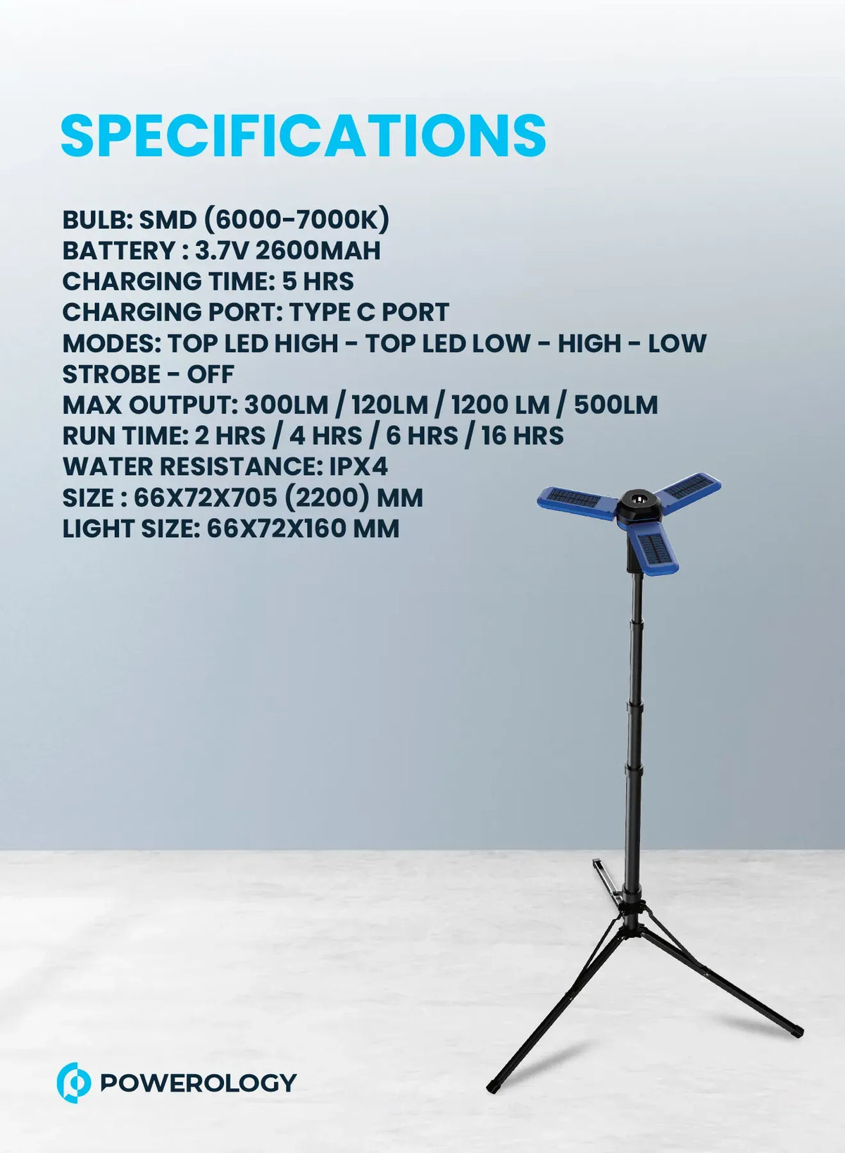 Powerology Camping Solar Foldable Tripod LED Light Ipx4 3 7v 2600mAh Blue – image 8