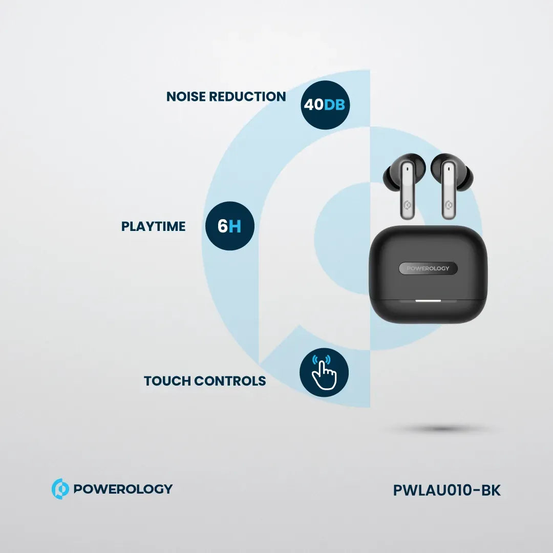 Powerology 6 Mic Hybrid ANC + ENCTrue Wireless Buds - Black – image 6