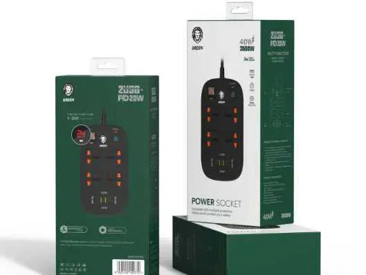 Green Lion 4 AC 2 USB&2 USB-CPD 40 WMultiport Smart Power Socket 3500 W (3 M) - Black