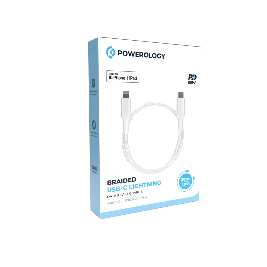 Powerology Braided USB-C Lightning Data&Fast Charge Cable 30 Cm/0.98 ft - White