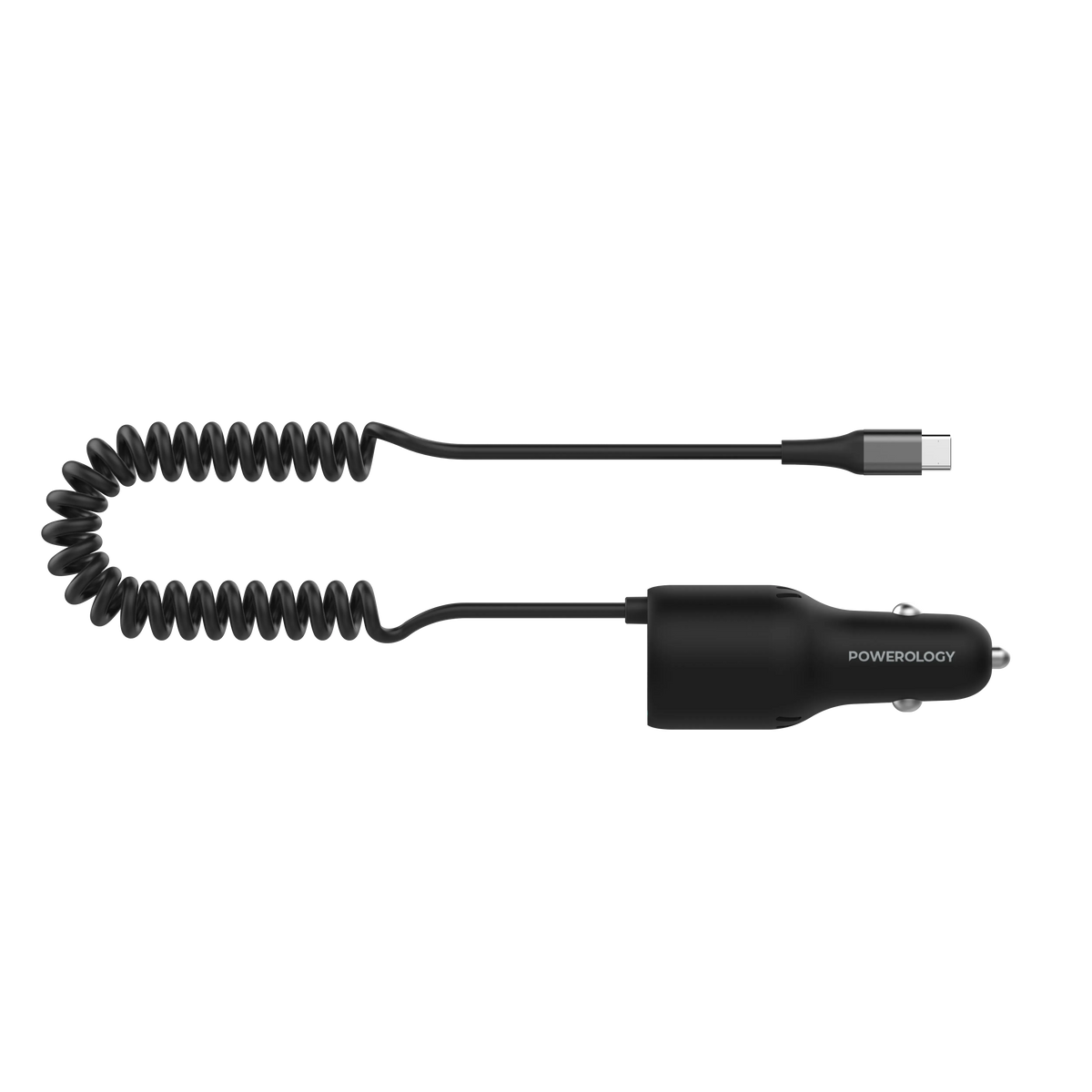 Powerology Pd45w Qc18w Type Ccable 35w LED Dual Ports Car Charger with Coiled Cable Black – image 2