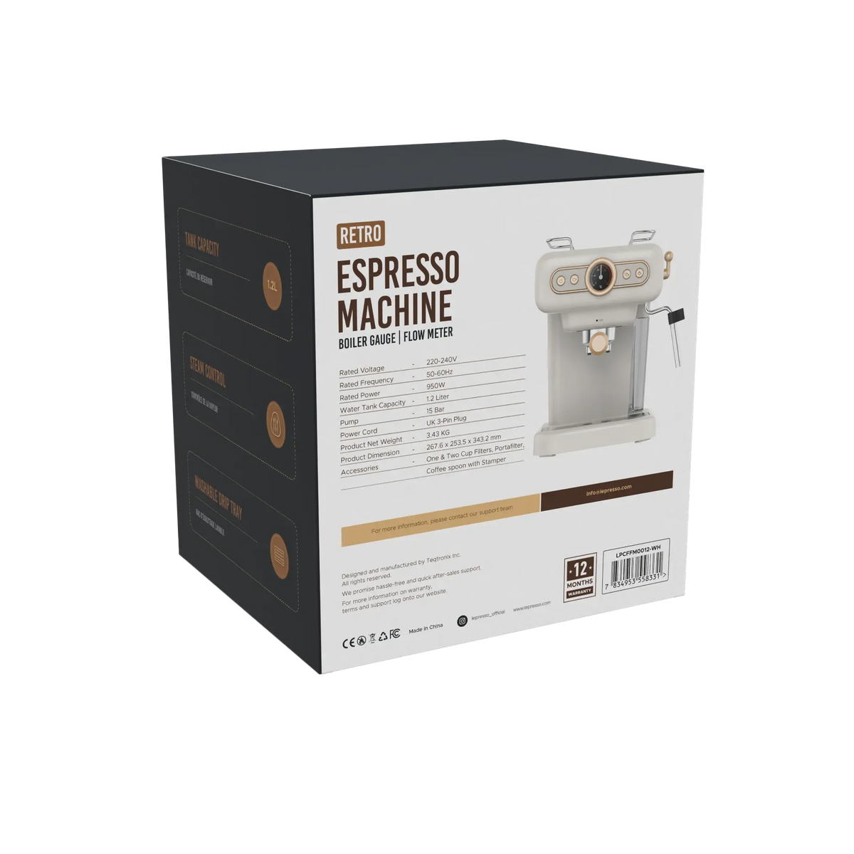 LePresso Retro Espresso Machine Boiler Gauge And Milk Steamer - White – image 3