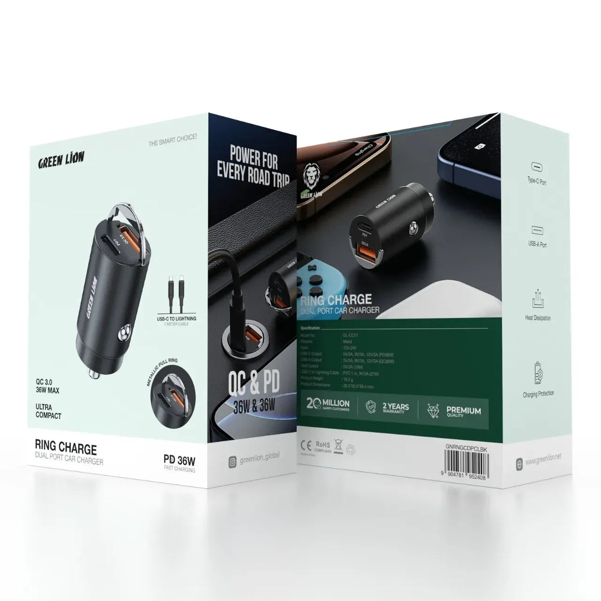 Green Lion Ring Charge Dual Port Car Charger PD 36 WCto L 1 m Cable - Black