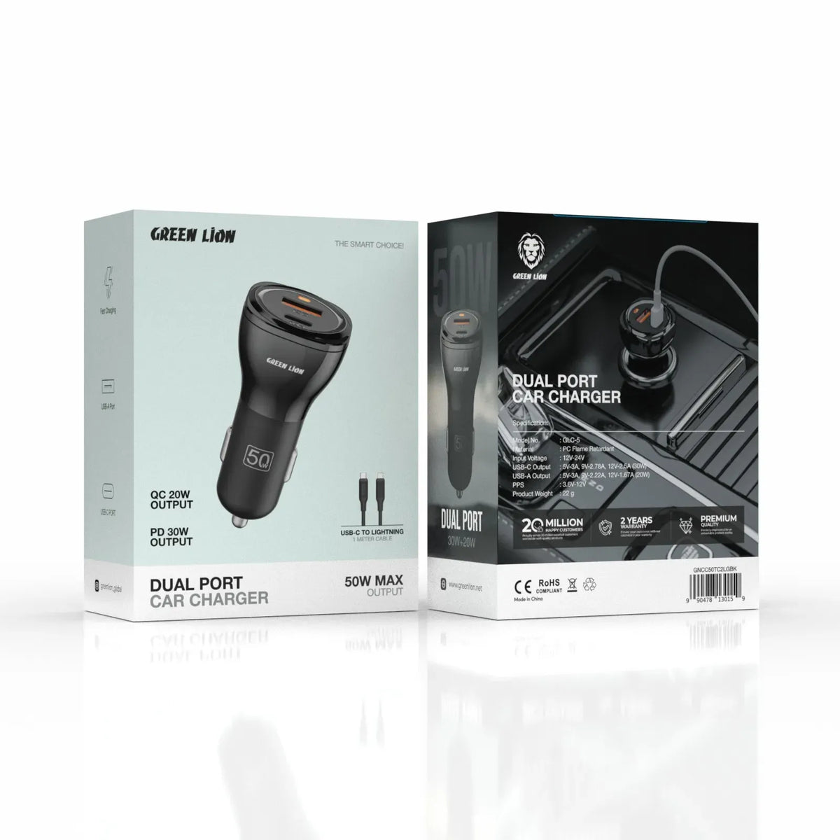 Green Lion Dual Port Car Charger 50 W(PD 30 W+QC 20 W)With USB-Cto Lightning Cable 1 M - Black – image 2