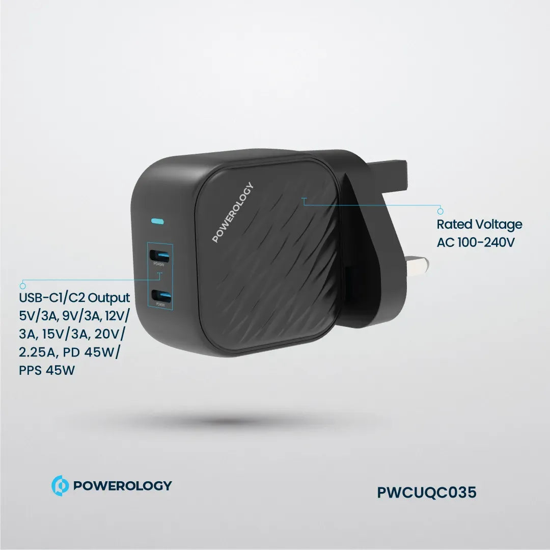 Powerology Gan Dual USB C Wall Charger Black – image 10