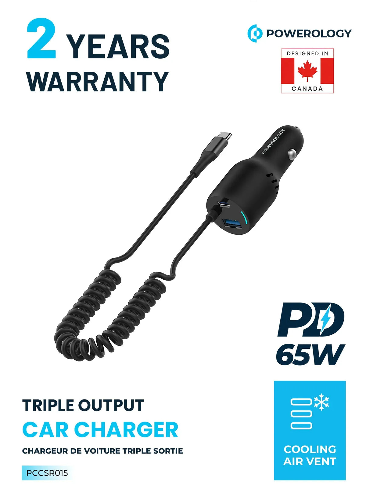 Powerology Pd45w Qc18w Type Ccable 35w LED Dual Ports Car Charger with Coiled Cable Black – image 8