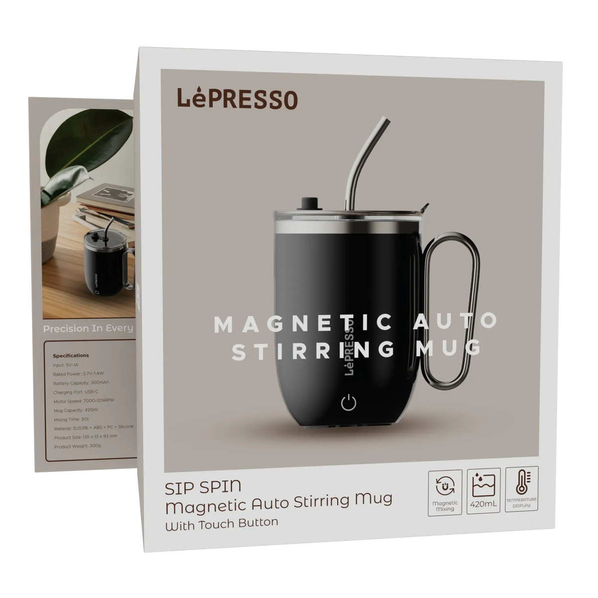 LePresso Sip Spin Magnetic Auto Stirring Mug with Touch Button - Black – image 4