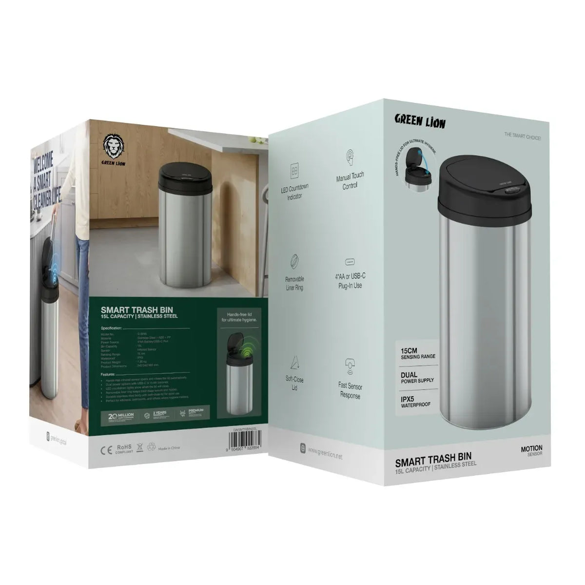 Green Lion Smart Trash Bin 15 LStainless Steel - Silver – image 4