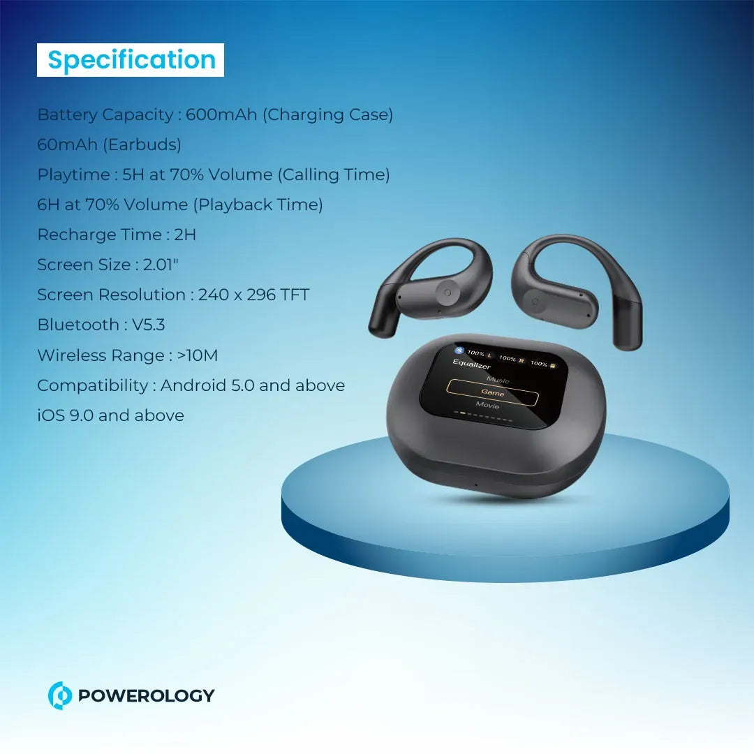 Powerology Air Conduction Enc Tws Earbuds and Charging Case with Display 60mAh Black – image 3