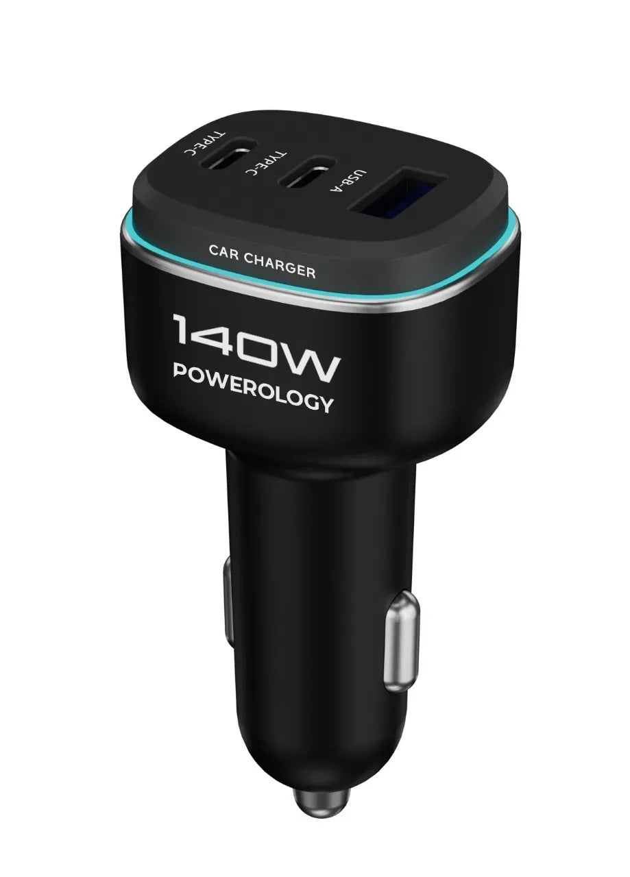 Powerology 140 W Triple-Port High-Power Car Charger with Type-CCable - Black/Gre y