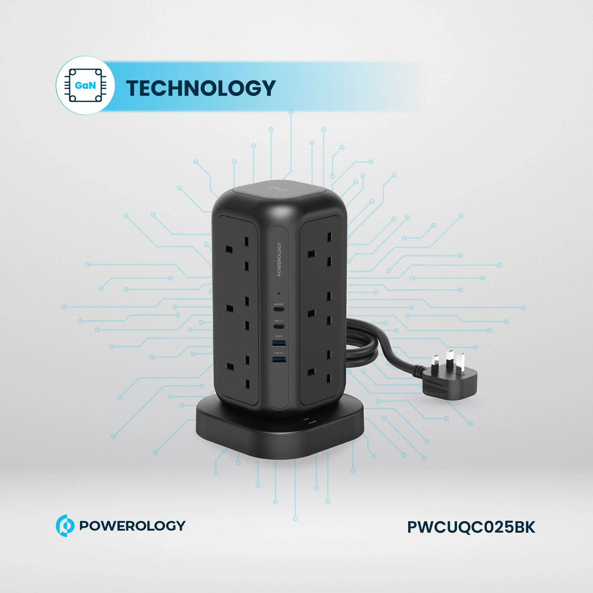 Powerology 12 AC Sockets Gan Tower Hub Black – image 13