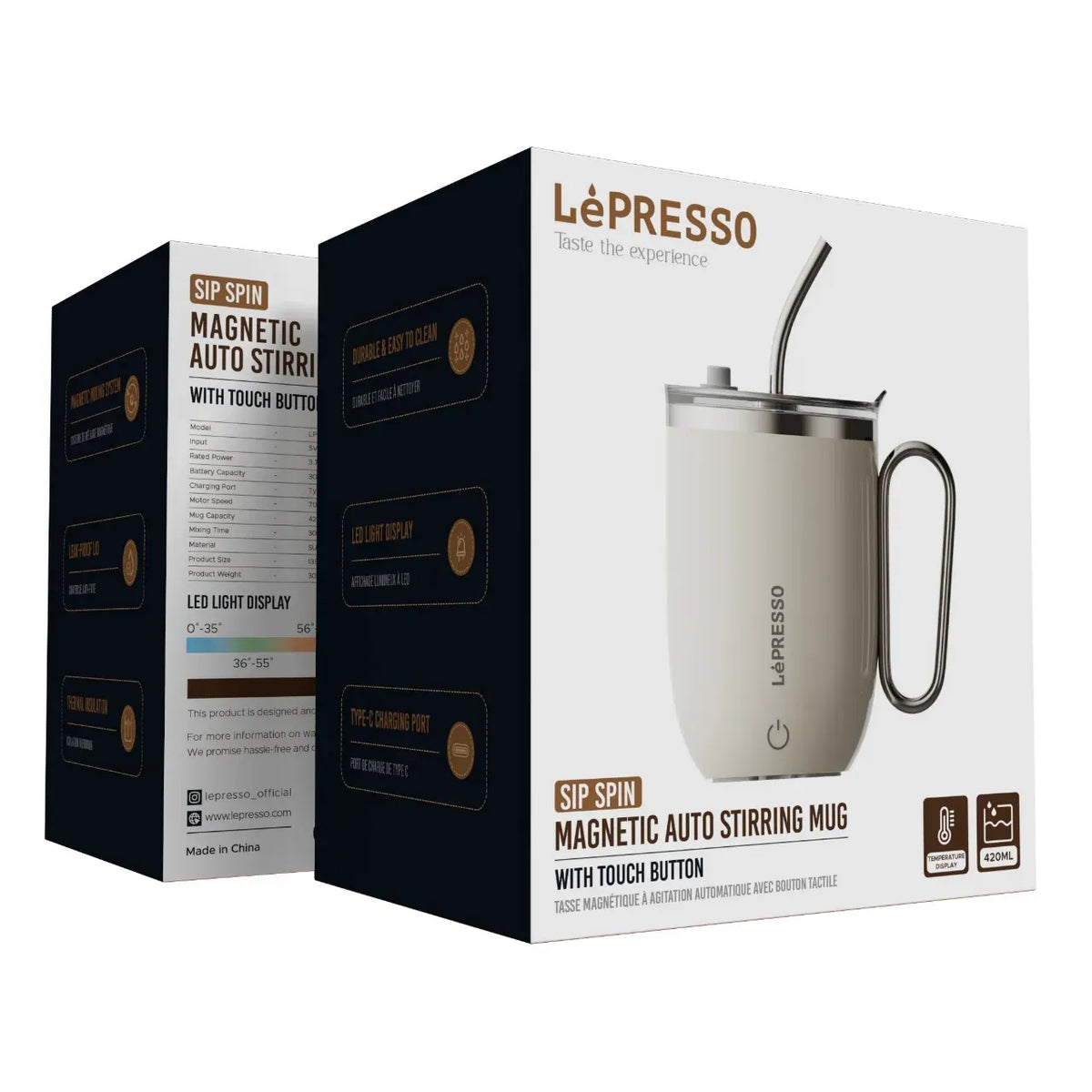 LePresso Sip Spin Magnetic Auto Stirring Mug with Touch Button - White