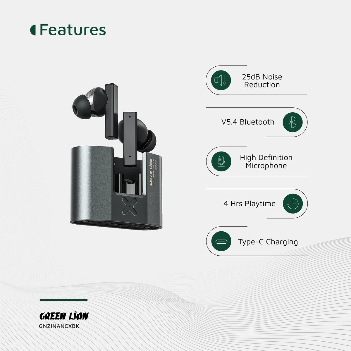 Green Lion Zinc X Metal Earbuds Tws with Anc Black – image 8