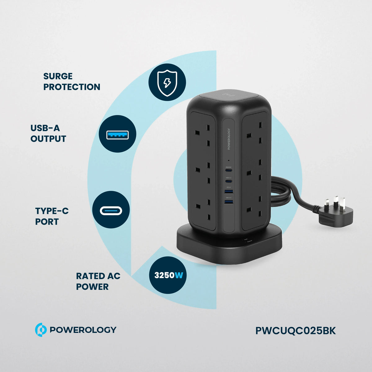 Powerology 12 AC Sockets Gan Tower Hub Black – image 15