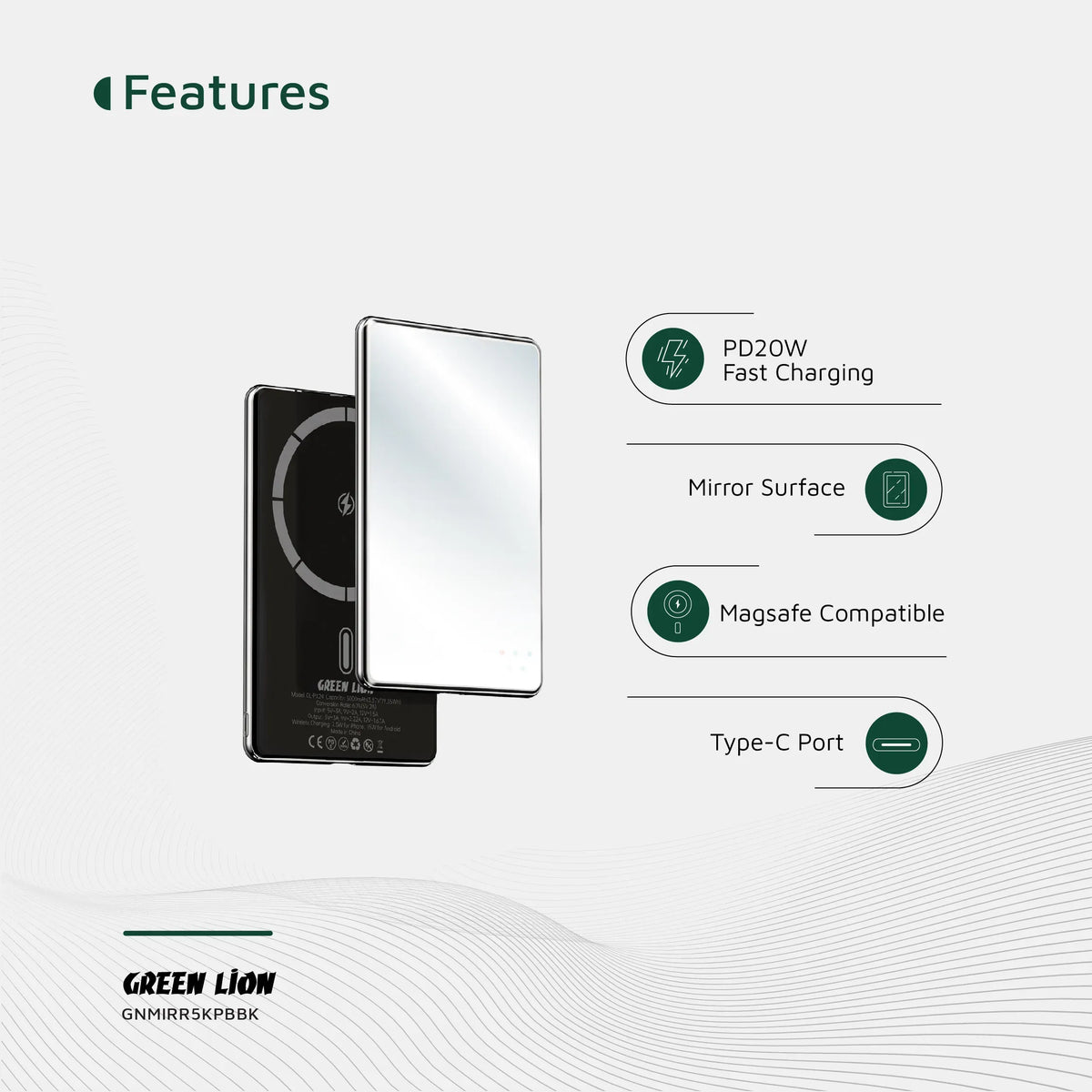 Green Lion Mirror Design 5000mAh Power Bank Black – image 9