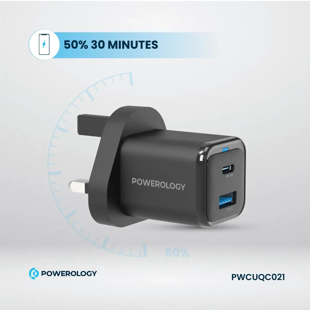 Powerology 35w PD QC 1xusb C 35w and 1xusb A 18w Gan Charger Uk with USB C Cable Black – image 5
