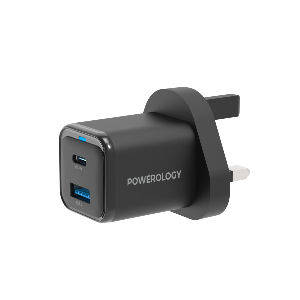 Powerology 35w PD QC 1xusb C 35w and 1xusb A 18w Gan Charger Uk with USB C Cable Black – image 9