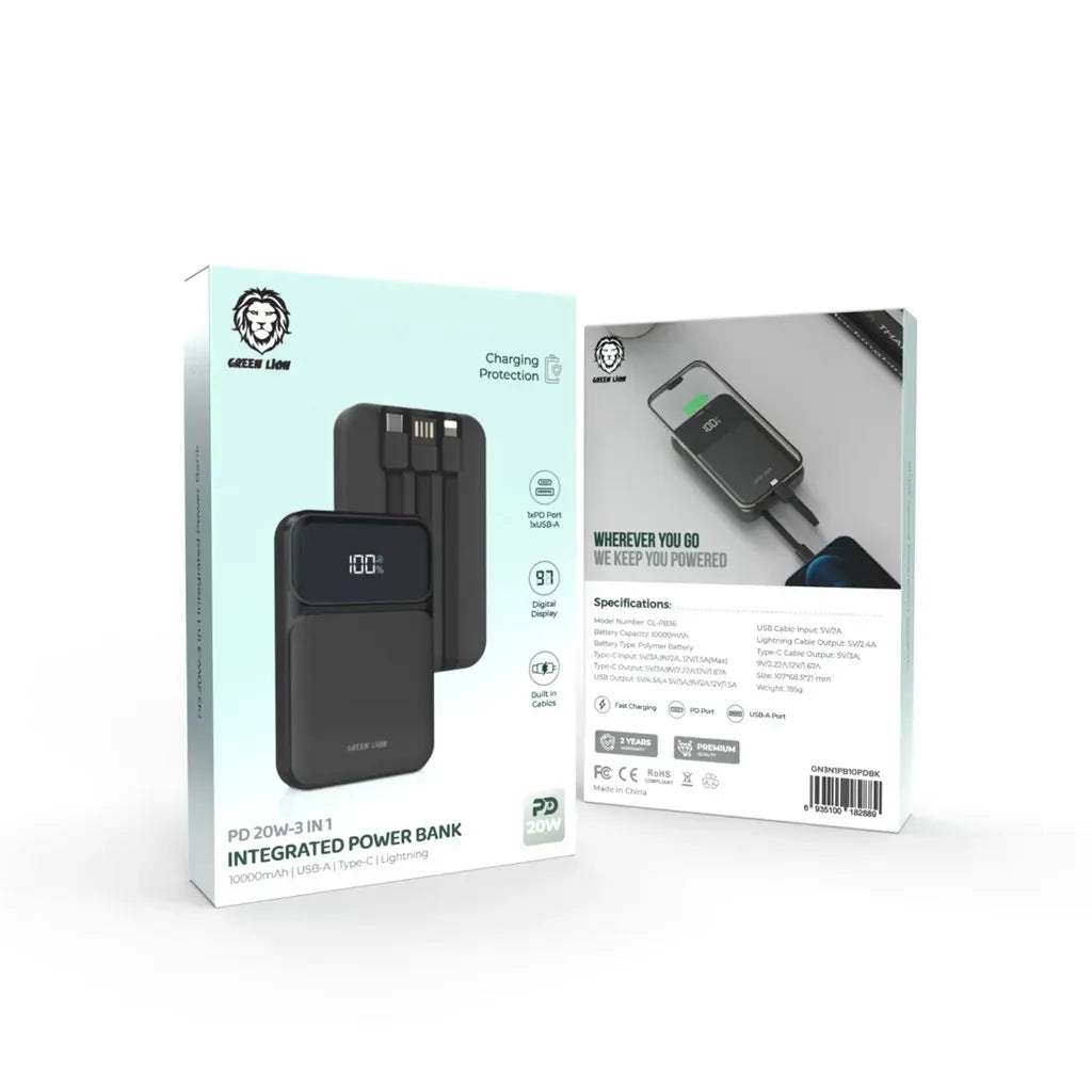 Green Lion 3 in 1 Integrated Power Bank 10000mAh PD 20w Black – image 3