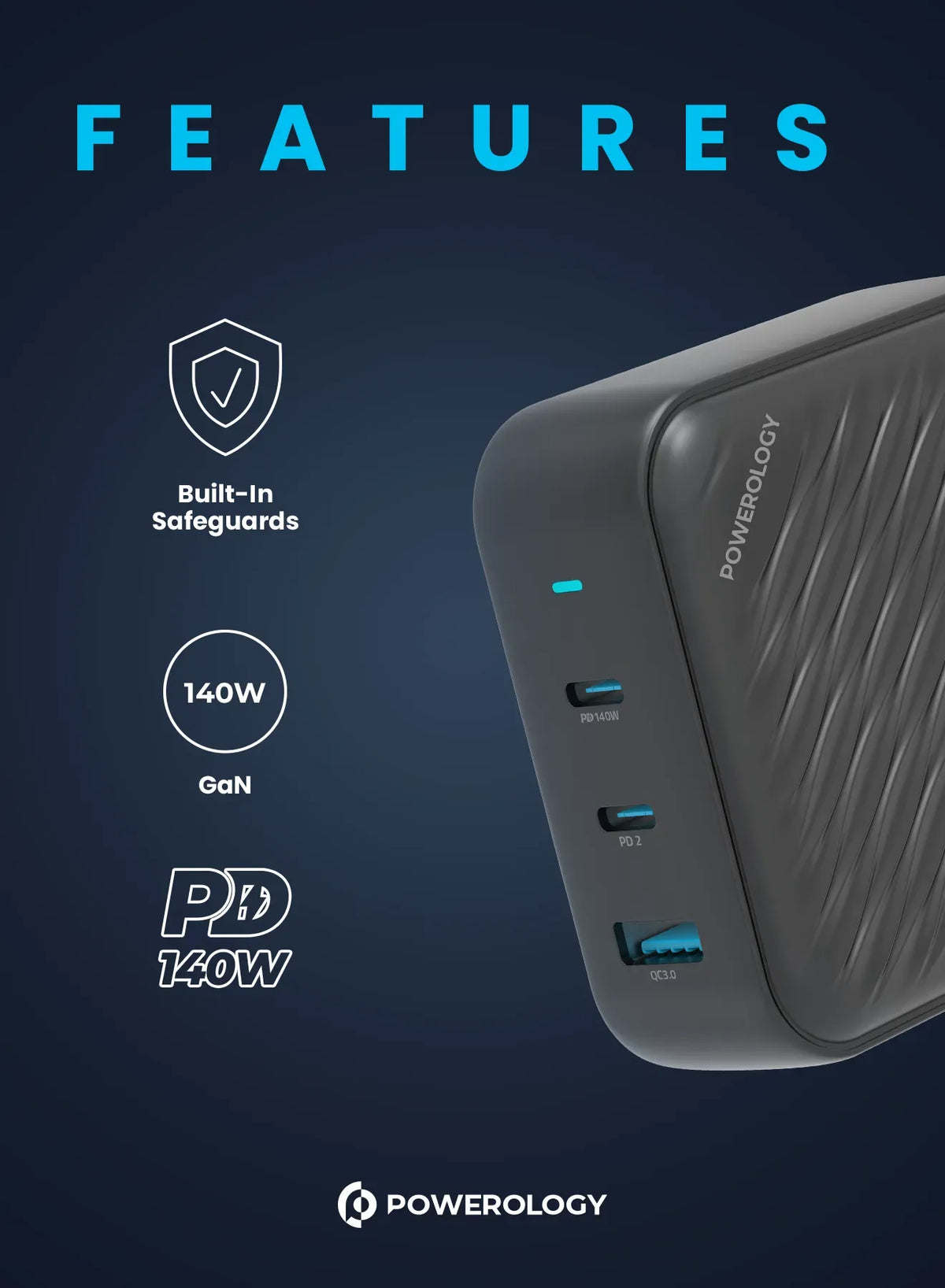 Powerology 140w PD QC 2xusb C and 1xusb A Gan Charger Uk Black – image 7