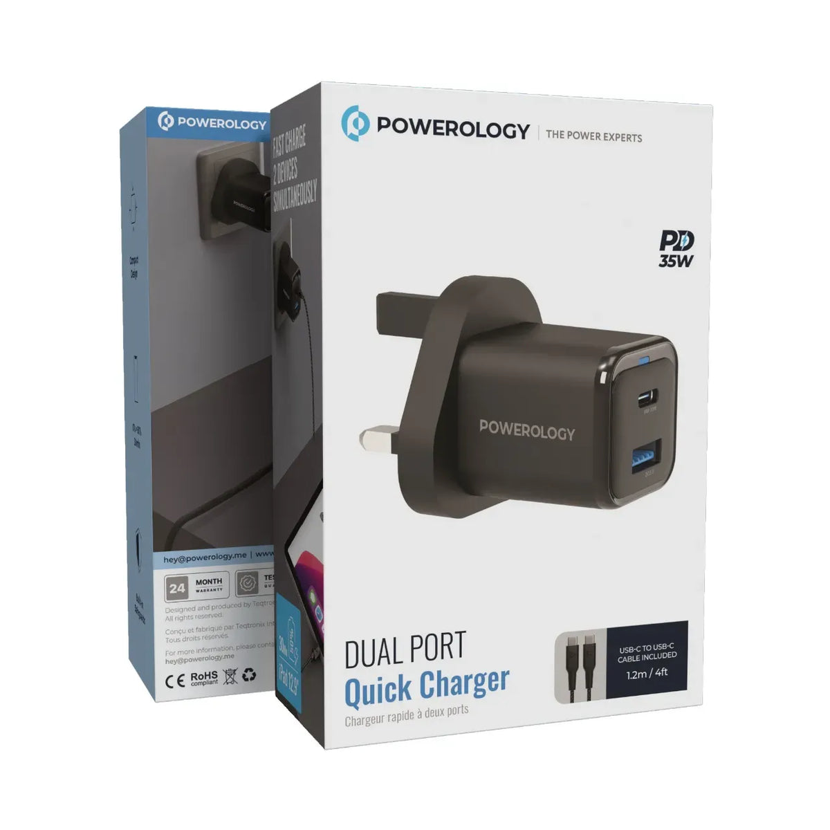 Powerology 20w Single C Port PD Charger Uk with Type C to C 60w Cable Black – image 10