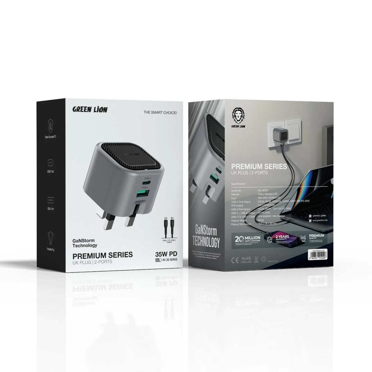 Green Lion Premium Series UKPlug Wall Charger-2 Port, PD 35 W,Cto CCable - Gray – image 3