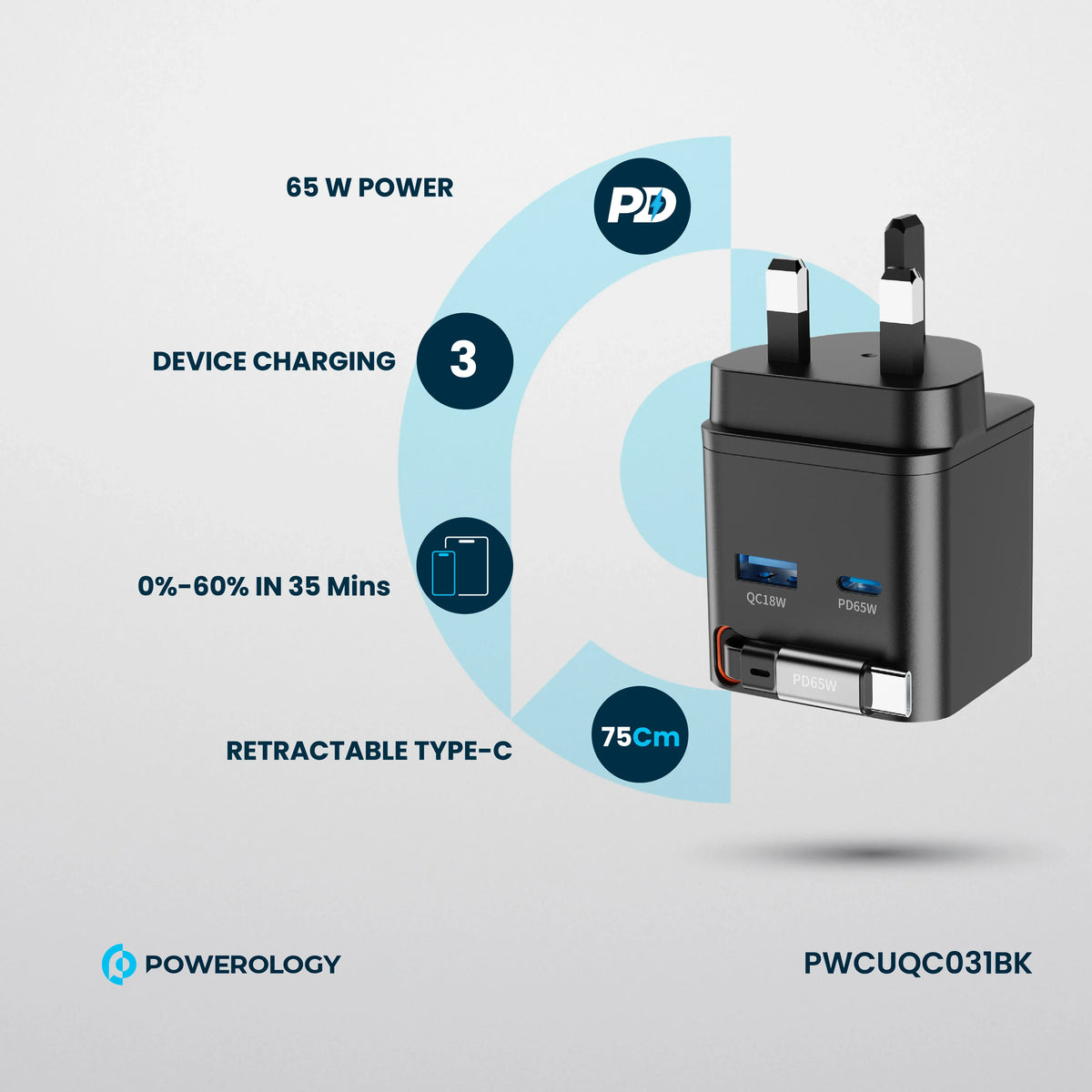 Powerology Dual Port |Retractable Ga NCharger - Balck – image 11
