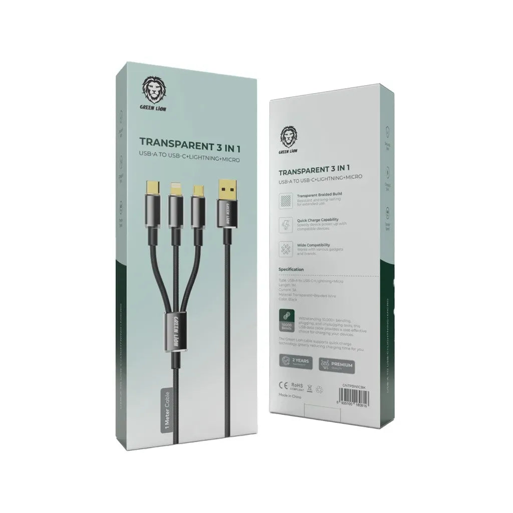 Green Lion Transparent 3 in 1 Braided Cable USB C Lightning Micro 1m Black – image 3