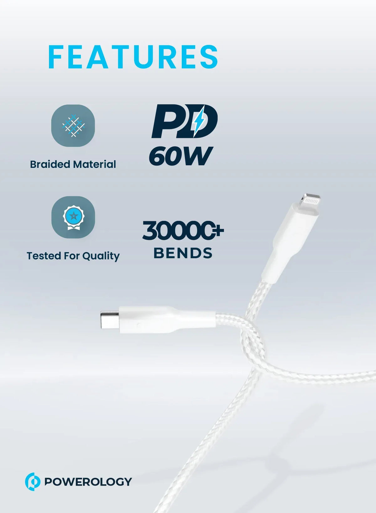 Powerology Braided USB-C Lightning Data&Fast Charge Cable 30 Cm/0.98 ft - White – image 2