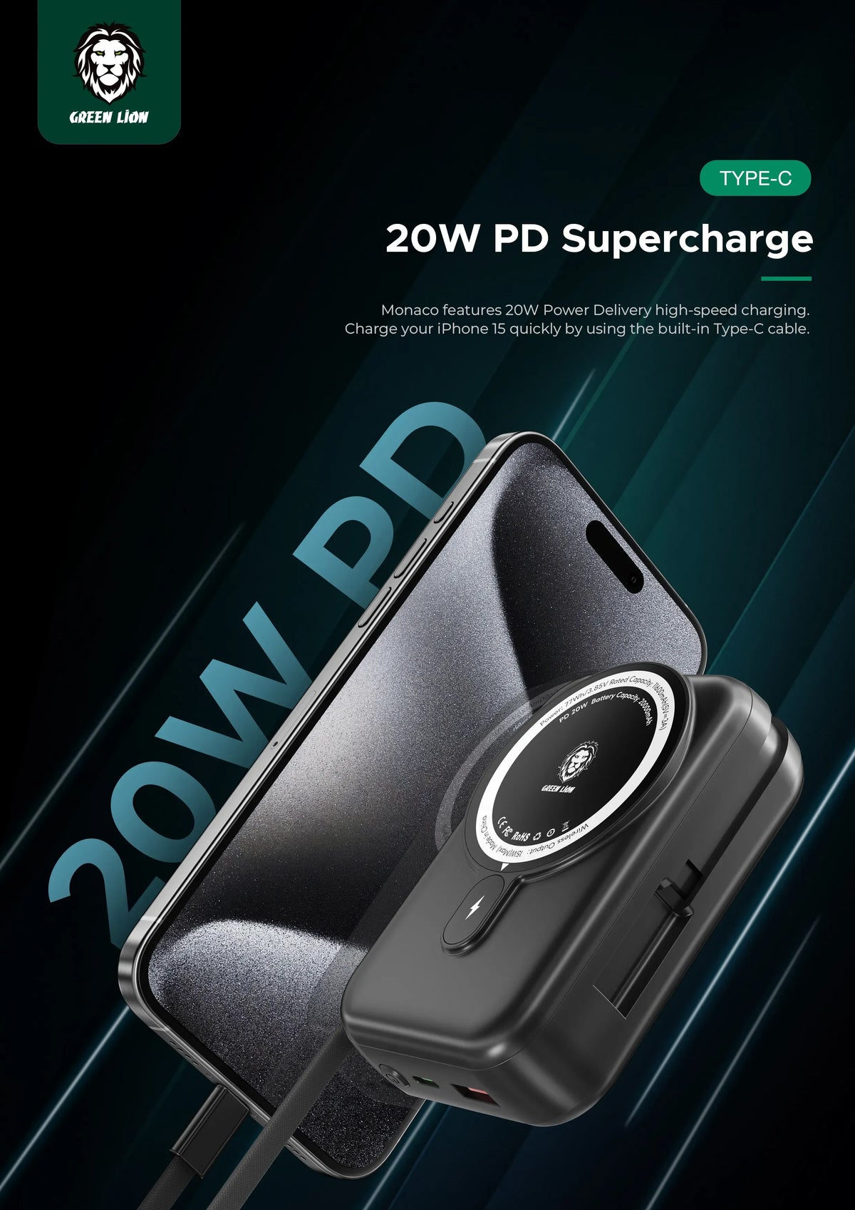 Green Lion 20000 m Ah Monaco Mag Safe Power Bank - Black – image 9