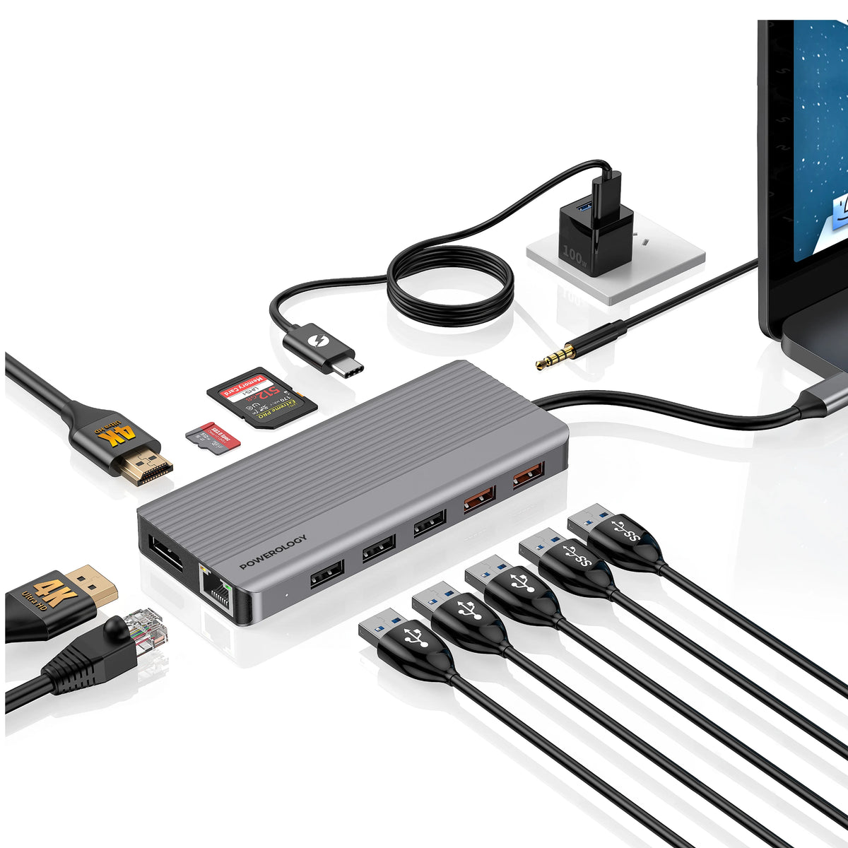 Powerology 12 in 1 Hdmi Displayport USB C Hub Ethernet Gray – image 1