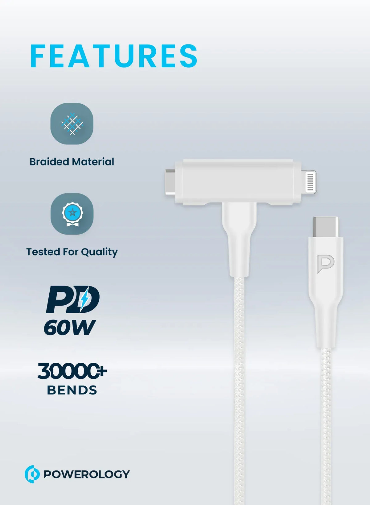 Powerology Braided USB-C to USB-C +Lightning Data&Fast Charge 1.2 m/4 ft - White – image 4